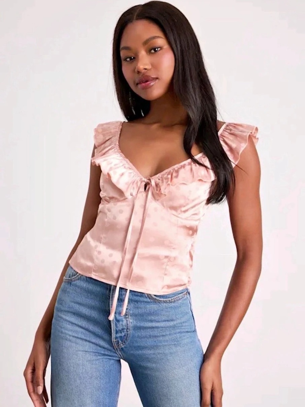 Lulus Exemplary Cutie Light Pink Satin Jacquard Ruffled Crop Top Pink Polka Dot